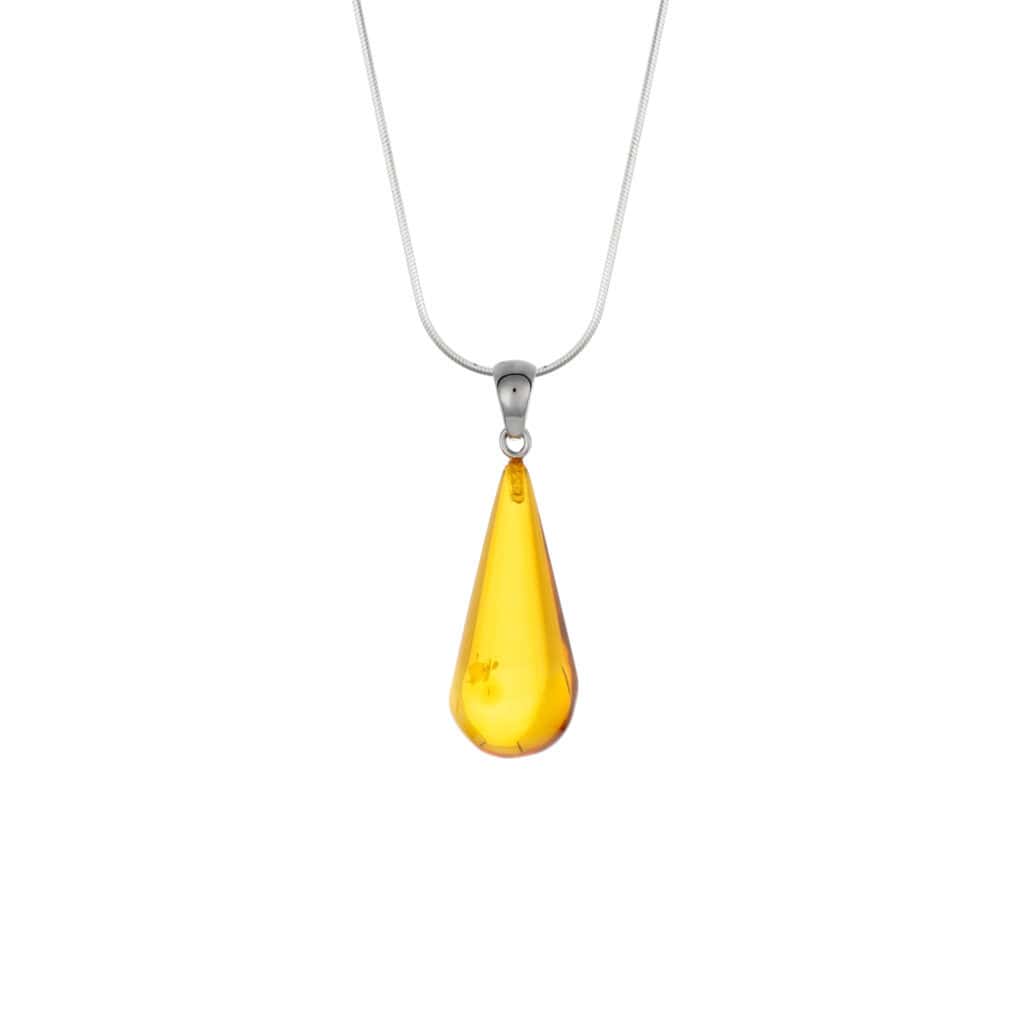 Elegant yellow amber teardrop necklace with sterling silver chain, handcrafted natural Baltic resin jewelry.