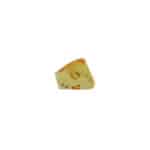 Rustic artisan cheese wedge with marbling, orange speckles, and glossy, inviting surface.