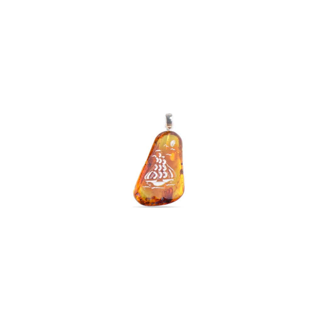 Amber pendant with intricate carvings, crafted from Baltic amber, stylish and meaningful jewelry piece.
