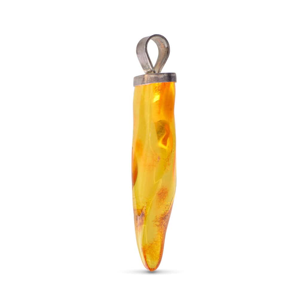 Elegant amber pendant with silver bail, organic shape, warm hues, and natural inclusions.