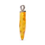 Elegant amber pendant with silver bail, organic shape, warm hues, and natural inclusions.