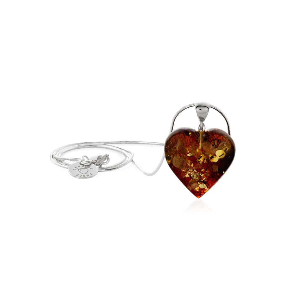 Handmade Baltic Amber Heart Necklace with Sterling Silver Chain, natural warm hues and inclusions.