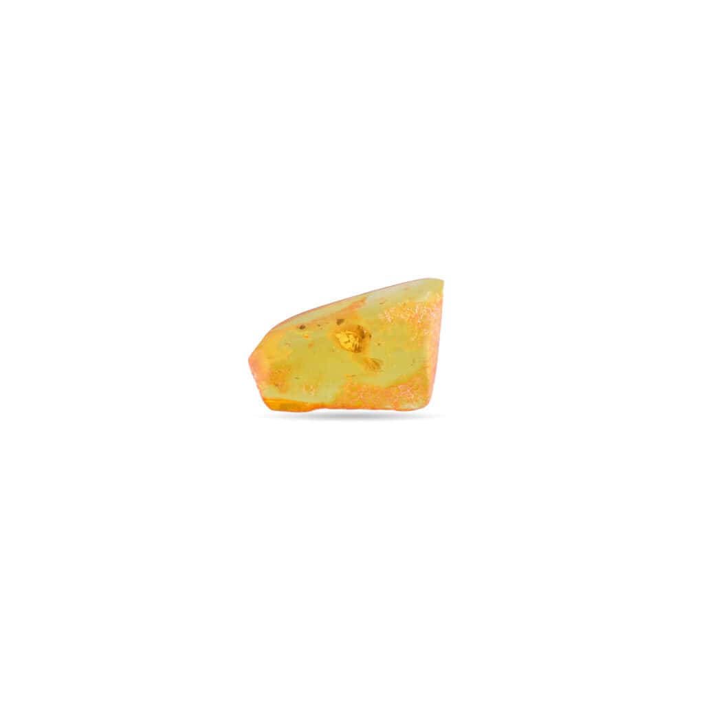 Small polished amber gemstone with internal inclusions, warm golden hues, and natural organic shape.