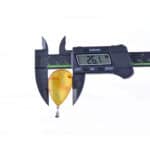 Measuring a polished Baltic amber gemstone with a digital caliper for precise jewelry crafting.