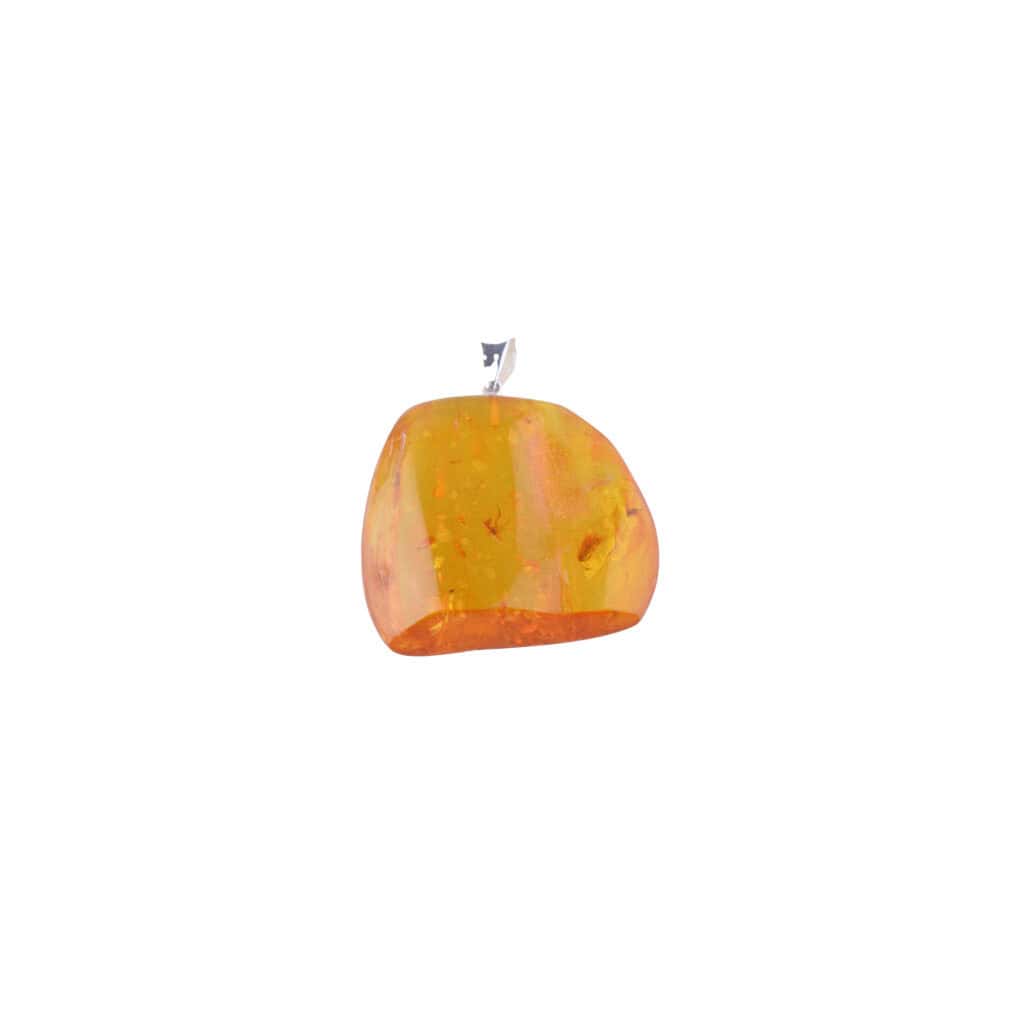 Natural Baltic amber pendant with silver bail, warm orange-yellow tones, and unique inclusions.