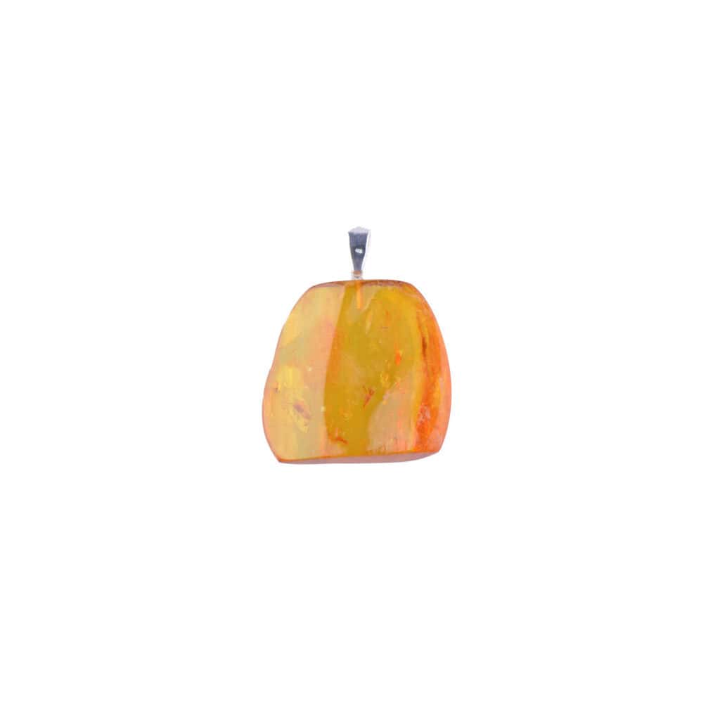 Handmade Baltic amber pendant with warm orange and yellow hues, polished for natural elegance.