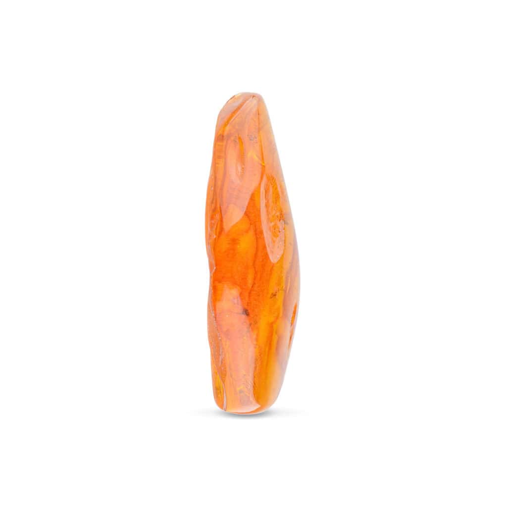 Polished orange stone resembling a smooth, tapered pebble with vibrant marbling and warm, translucent hues.