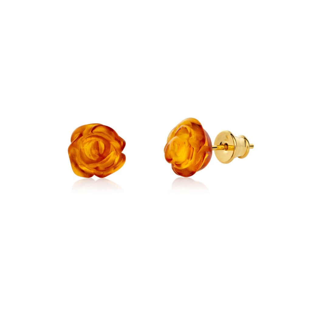 Elegant amber rose earrings with gold posts, handcrafted, warm cognac tones, versatile jewelry accessory.
