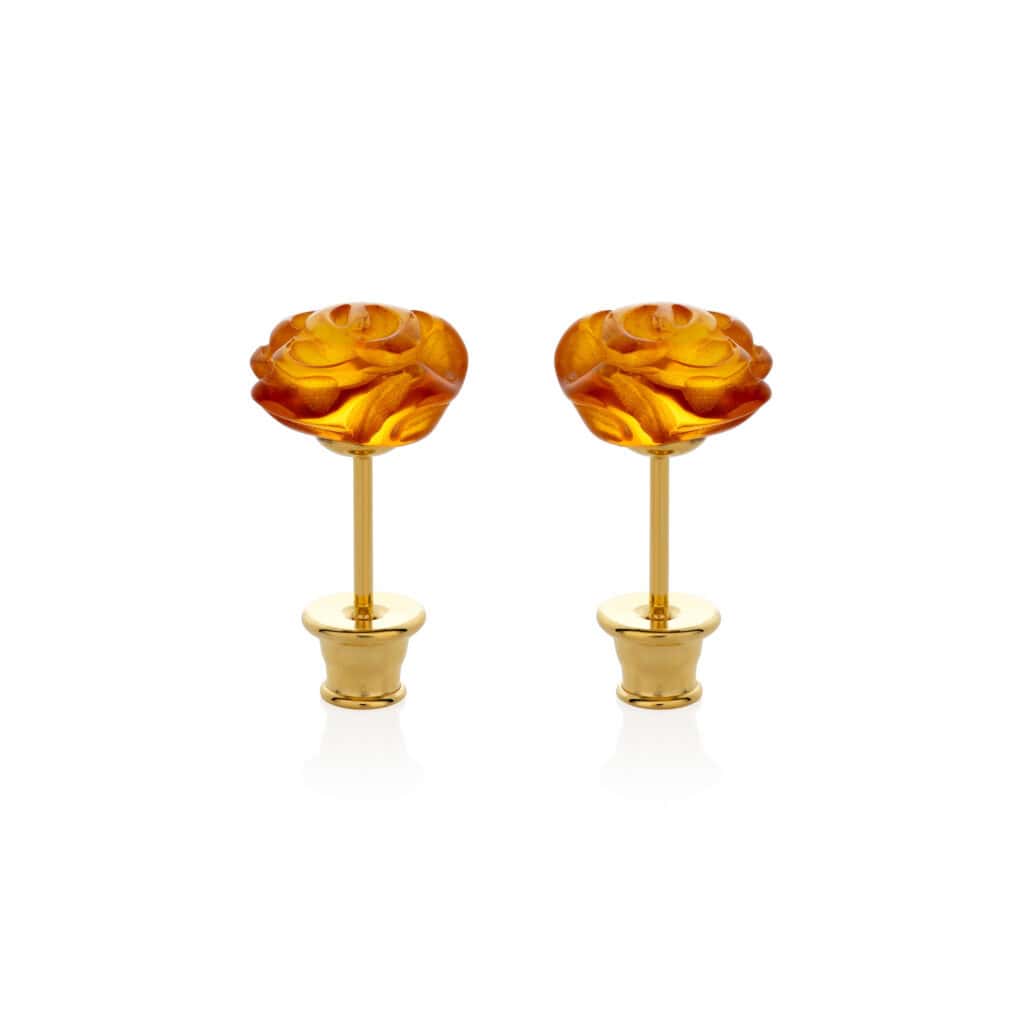 Gold-plated stud earrings with detailed amber rose design, elegant vintage floral jewelry accessory.