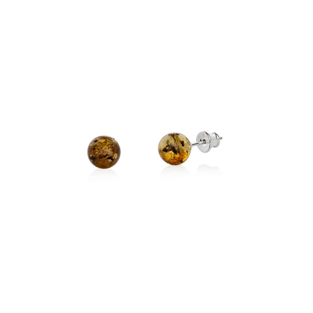 Beautiful amber stud earrings with warm, golden-orange natural gemstones on sterling silver posts.
