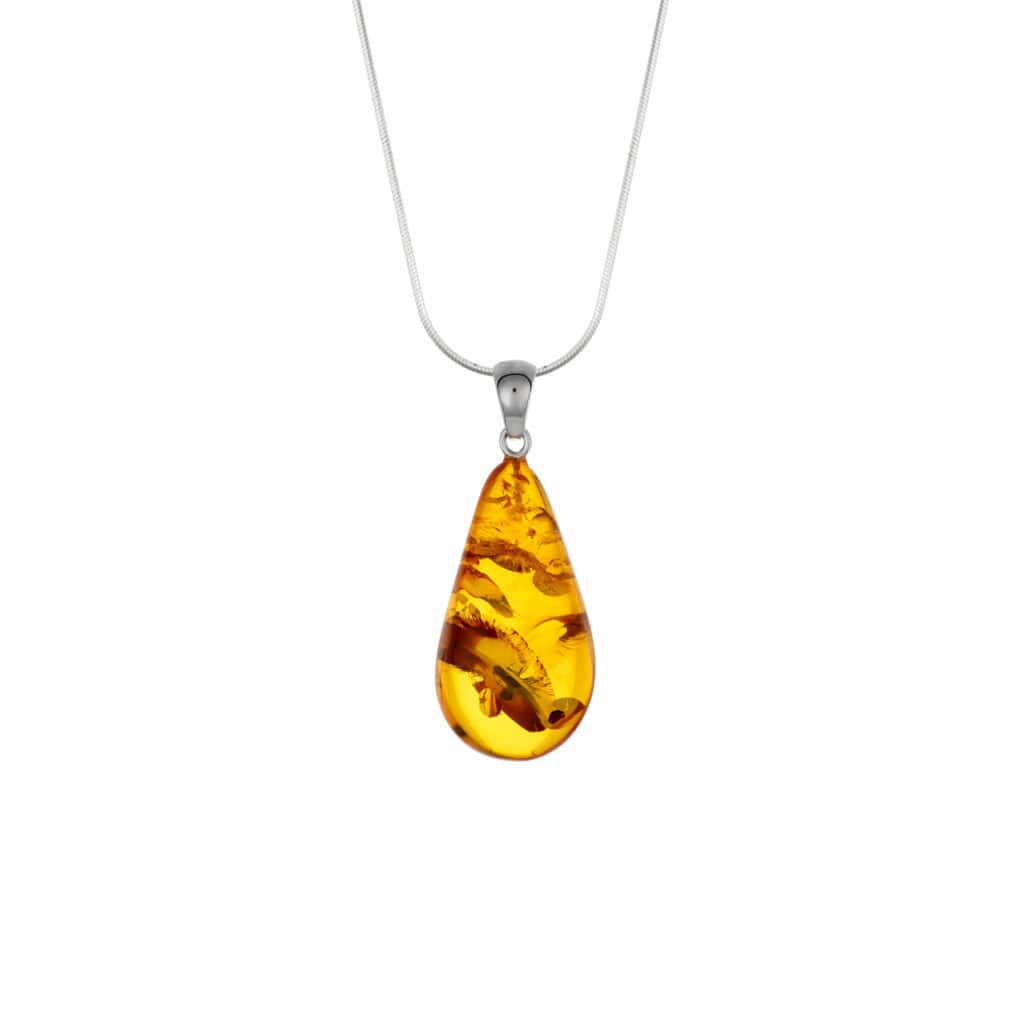 Teardrop Baltic amber necklace with silver chain and natural inclusions, elegant and timeless.