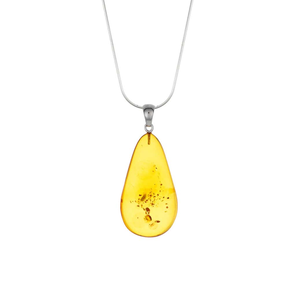 Beautiful amber teardrop pendant with natural inclusions on a silver chain.