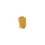 Small polished yellow-orange mineral with natural grooves, reflecting light on a white background.