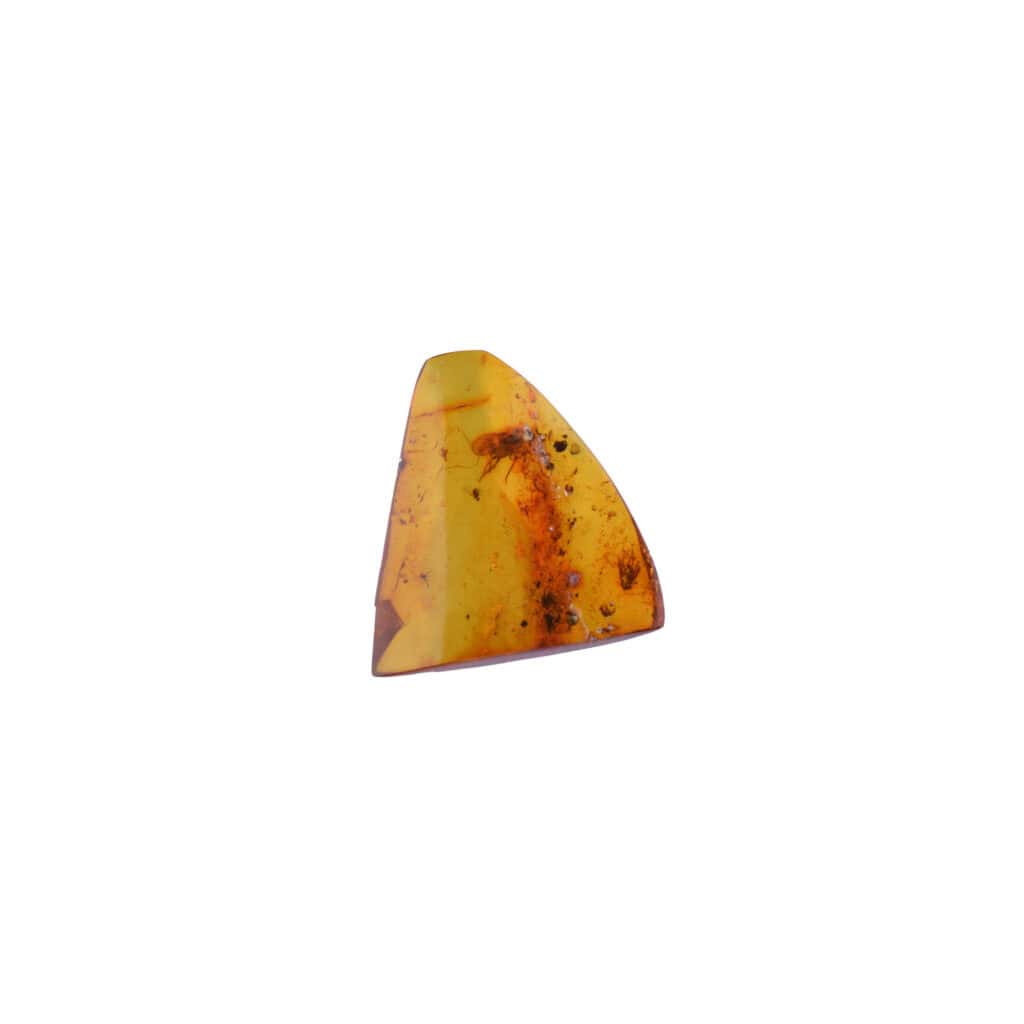 Triangular Baltic amber pendant with insect inclusions and warm golden tones, handcrafted jewelry.