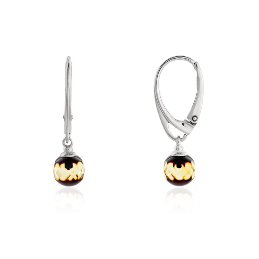 Sterling silver earrings with amber marbled spheres and secure leverback clasps.