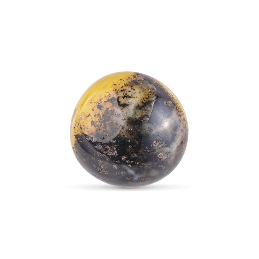 Polished black and gold mineral sphere with swirling patterns and glossy, reflective surface.