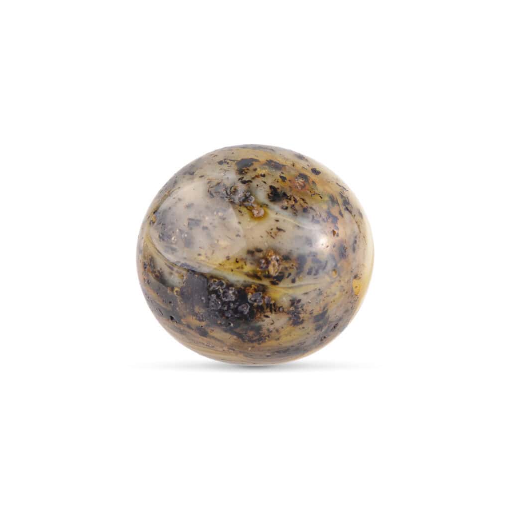 Polished natural mineral orb with earthy tones, intricate patterns, and cosmic swirl-inspired design.