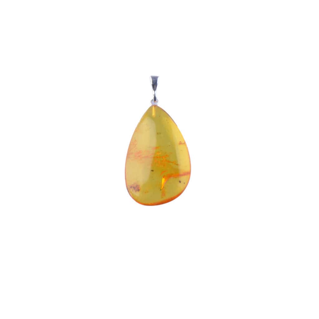 Golden Baltic amber teardrop pendant with silver bail, natural and polished for elegant wear.