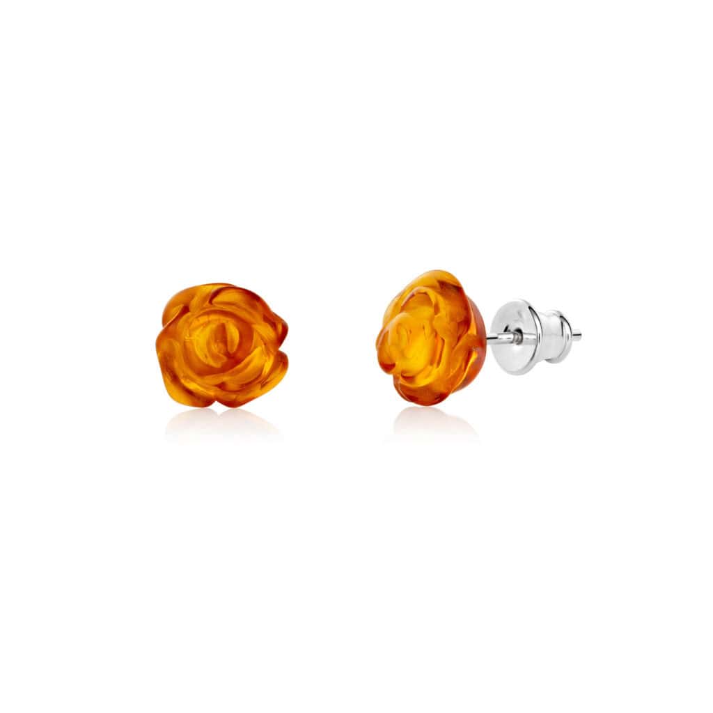 Amber rose earrings with silver backs, handcrafted, vibrant orange hue, elegant floral jewelry.