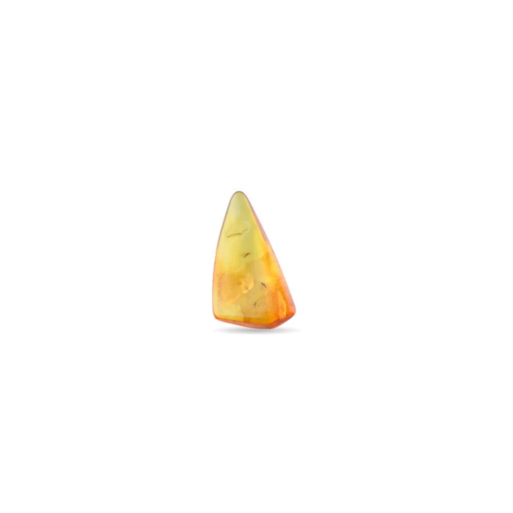 Polished triangular amber gemstone with warm yellow and orange hues, highlighting natural beauty and craftsmanship.