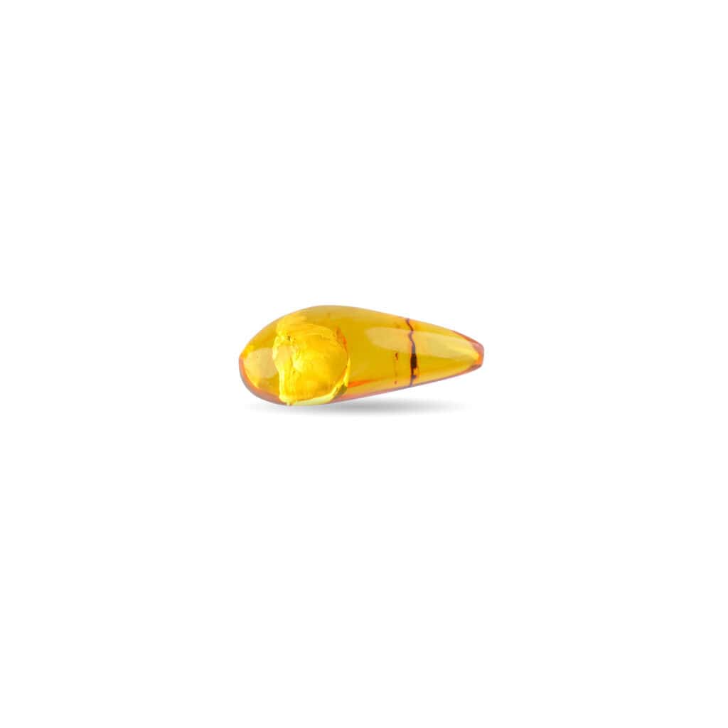 Translucent yellow amber pendant with internal insect inclusion and smooth, reflective surface.