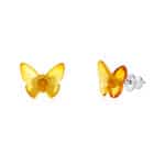 Bright yellow butterfly-shaped earrings with translucent amber-inspired design and sterling silver posts.