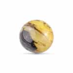 Polished yellow mineral sphere with black and white swirl patterns, smooth and decorative for display.