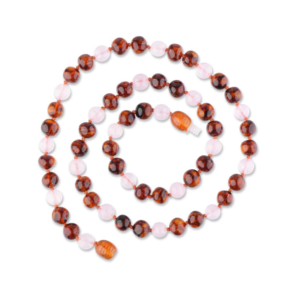 Natural amber necklace with rose quartz
