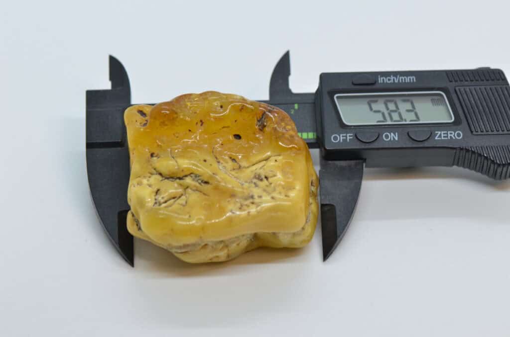large piece of natural Baltic amber, color white, yellow, 62.4 g and 58.3 mm