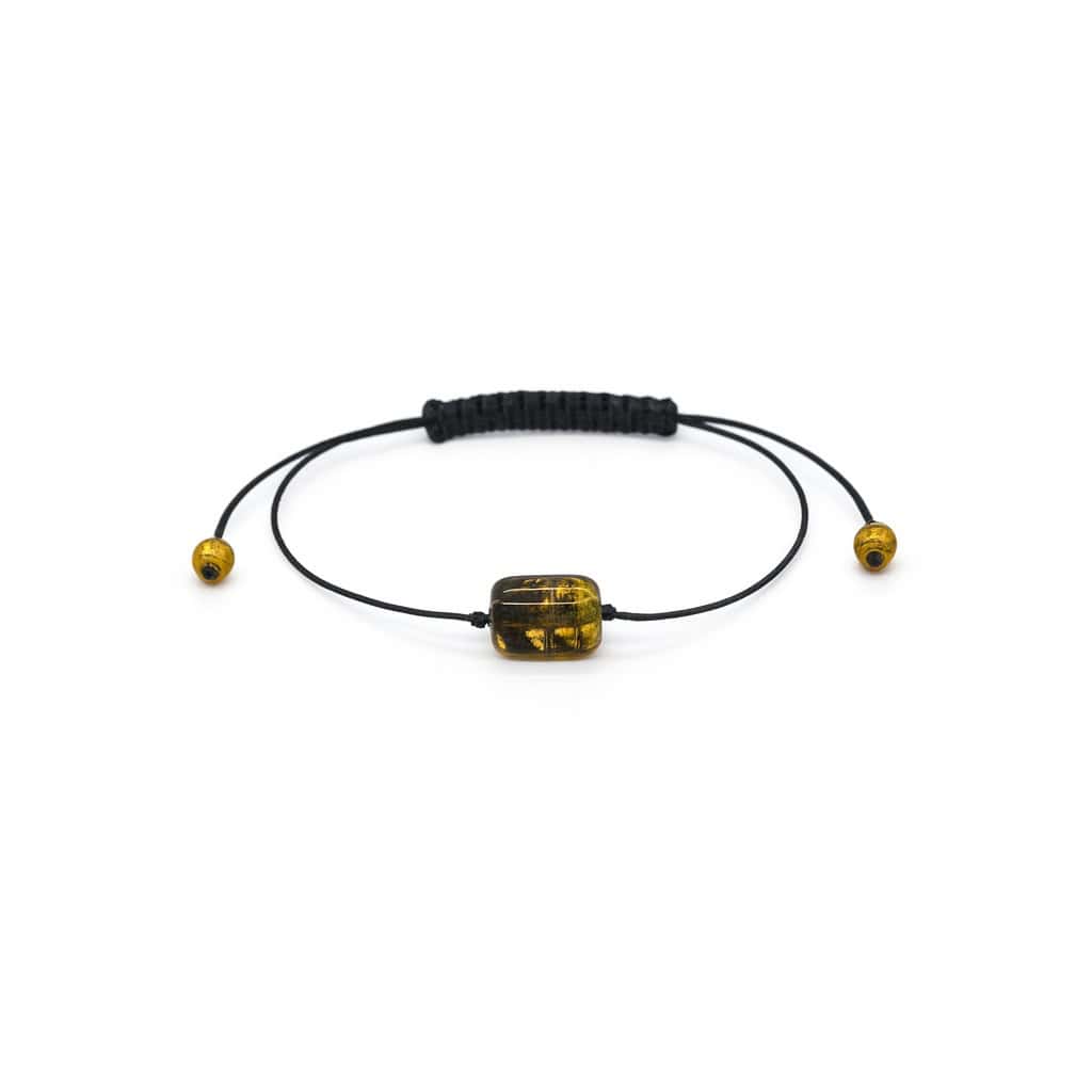 natural Baltic amber bracelet with adjustable black thread, green amber in the center, barrel shape
